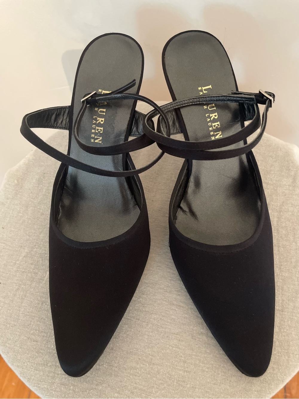 Lauren Ralph Lauren Black Satin Pointed Toe Ankle-Strap Pumps